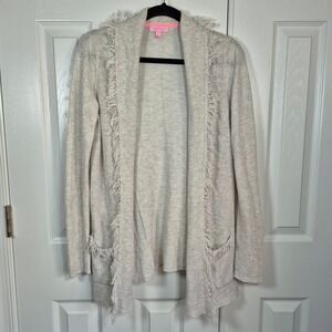 Lilly Pulitzer gray lightweight cashmere fringe open front cardigan womens small